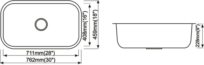 Single Undermount Sink 18G 30" x 18" x 9"