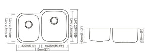 Double Undermount Sink 40/60 18G 32" x 21" x 9/7"