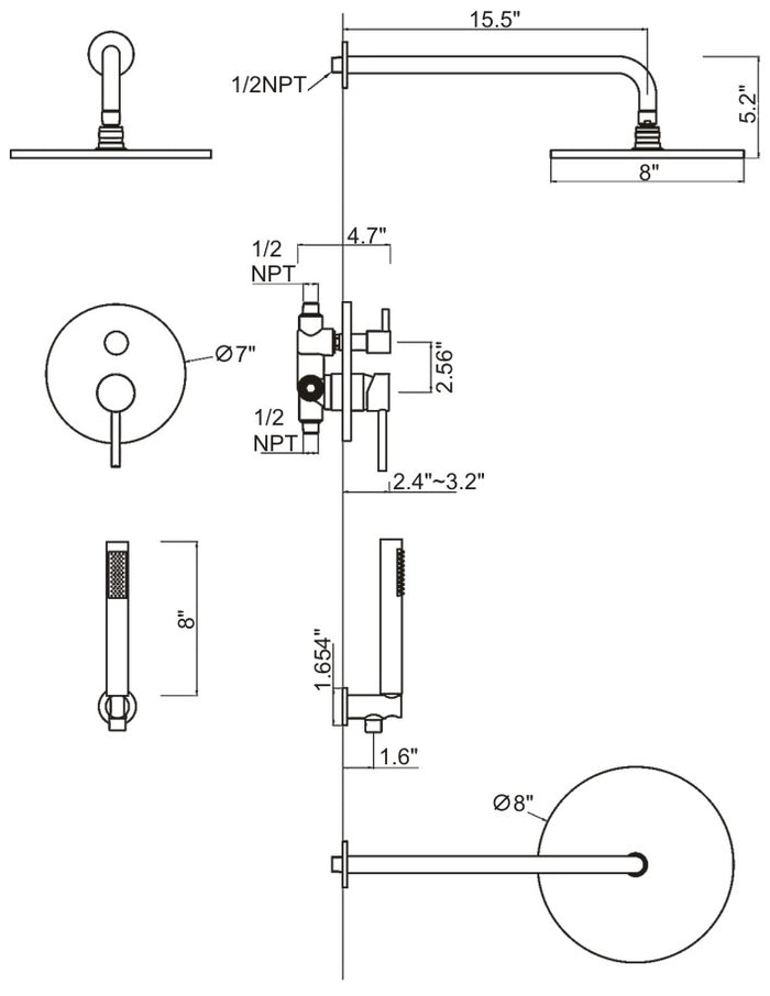 Concealed Shower system with 10" round rainfall shower head Brush nickel