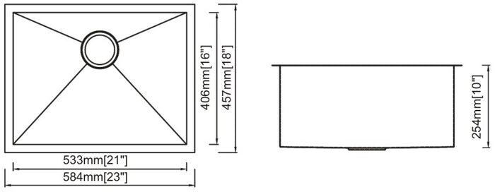 Single Handmade Sink 16G 23"x18"x10" with Grid and a Strainer R10mm