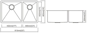 Double Handmade Sink 60/40 16G 32"x19"x10" with Grids and a Strainer R10mm