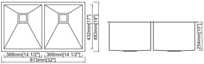 Double Handmade Sink 16G 32"x19"x10"  R0mm