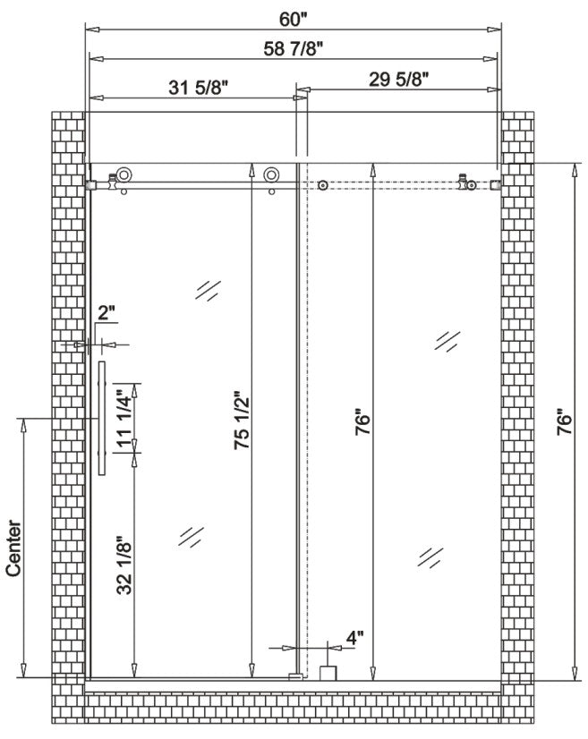 Frameless shower door (10mm)thick tempered glass 60"W x 76"H Chrome