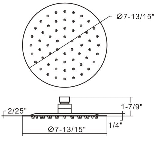 Round rain shower head 7 13/15" x1 7/9"D Chrome