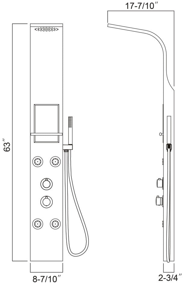 Shower panel with 4pcs ABS massage jets 63"H x 8 7/10"W x 2 3/4"D