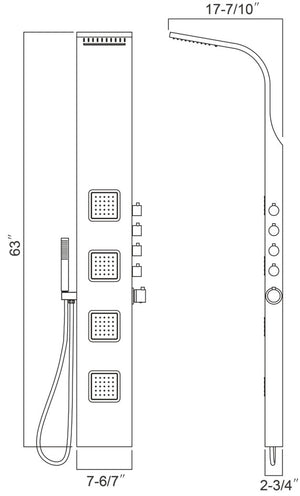 Shower panel with 4pcs movable massage jets 63"H x 7 6/7"W x 2 3/4"D