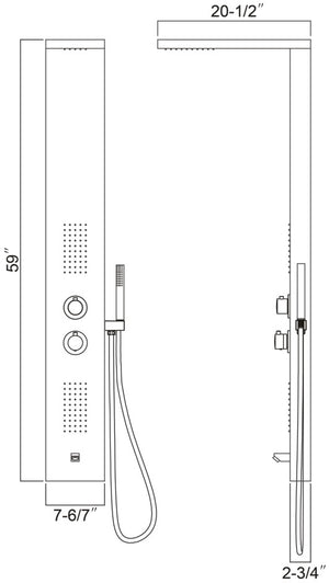 Shower panel with 2 sets ABS massage jets 59"H x 7 6/7"W x 2 3/4"D