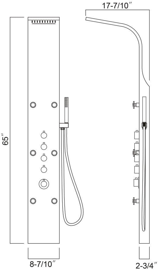 Shower panel with 6pcs brass massage jets 65"H x 8 7/10"W x 2 3/4"D