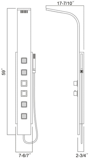 Shower panel with 4pcs inbuilt movable brass massage jets 59"H x 7 6/7"W x 2 3/4"D