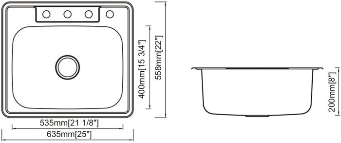 Single Top-Mount Sink 20G 25"x22"x8"