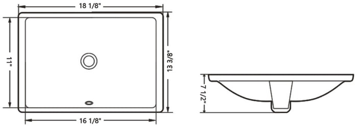 Ceramic square undermount sink 18 1/8"L x 13 3/8"W x 7 1/2"H